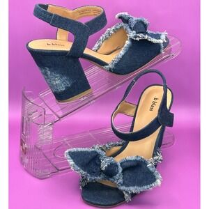 Bill Blass Women's Carmen Denim Blue Frayed Bow Block Heel Sandals Slingback 7M